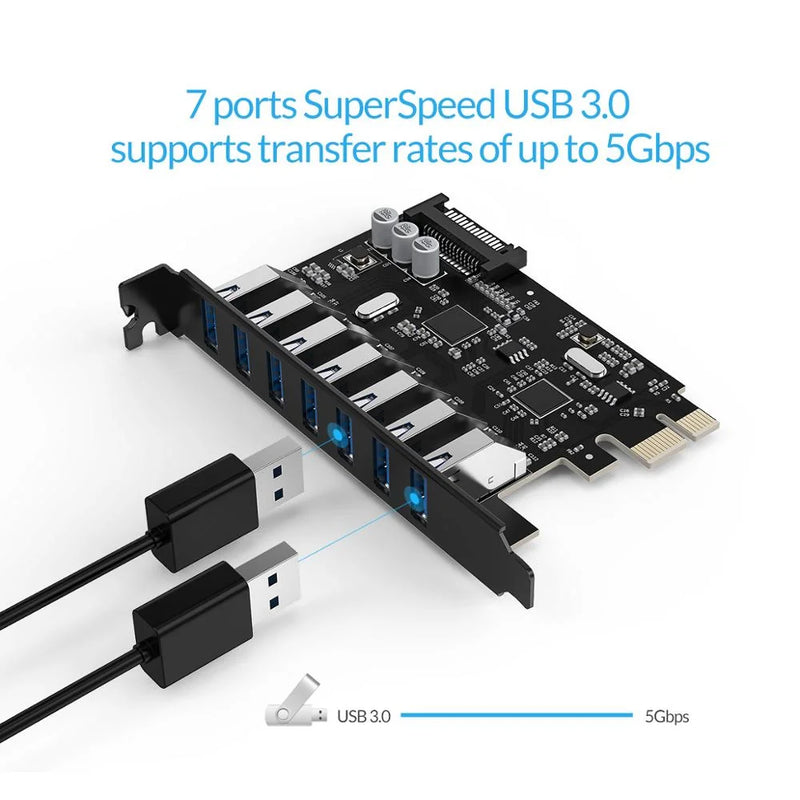 ORICO SuperSpeed 2/5/7 Port USB 3.0 PCI-E Express Card with A 15pin SATA Power Connector PCIE Adapt  for Windows 8/10/Linux