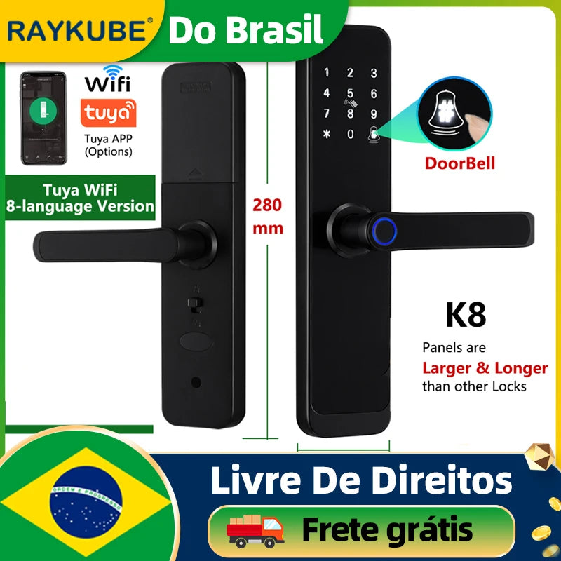 RAYKUBE K8 Free Delivery From Brazil Free Tax Tuya Wifi Smart Door Lock Fingerprint Lock With Longer Larger Handle Panel