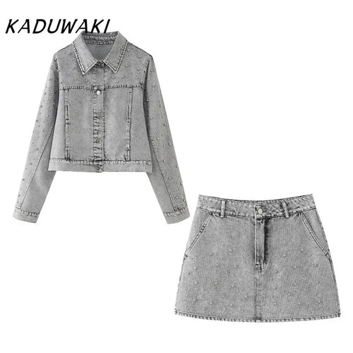 KADUWAKI Chic Edles Damen-Kurzarm-Denim-Set mit Kunstperlen und Reißverschluss, A-Linien-Minirock im Retro-Stil