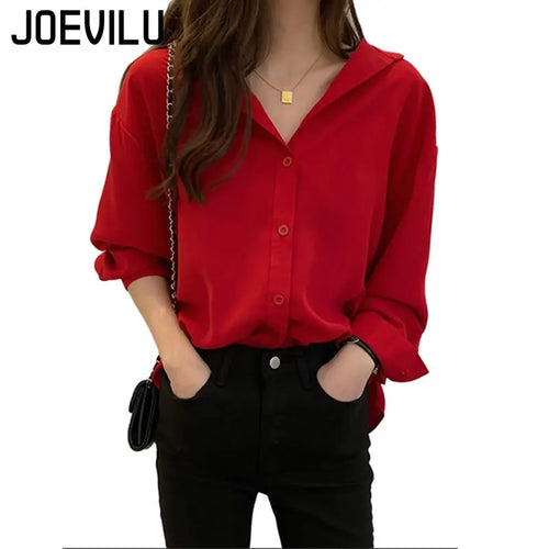 JOEVILU Red Chiffon Shirt Women French Elegant Long Sleeve Blouses Spring and Autumn Korean Fashion Tops Casual Sunscreen Jacket