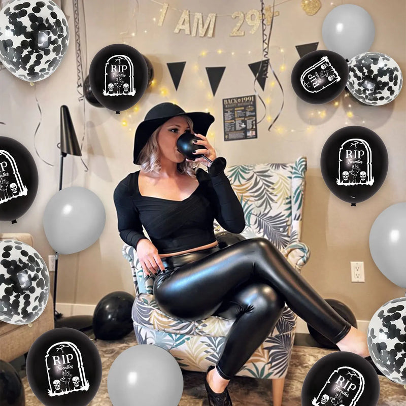 30Pcs Death To My Twenties Birthday Decorations,Black Confetti Balloons for Man Lady Funeral 30th Birthday Party Supplies