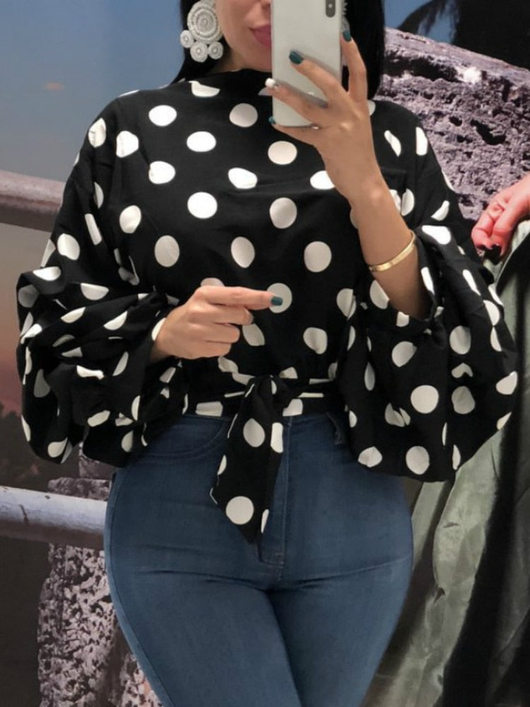 Women Polka Dot Blouses Tops Black Sashes Long Puff Sleeves White Red Big Size XXXL Ladies Fashion Casual Spring Summer Bluas