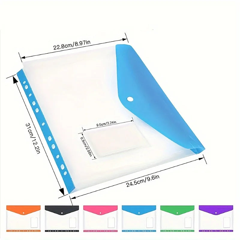 6 pcs Plastic envelope with adhesive snaps & 11 holes file folder expansion bag for 2/3/4 ring file bag and A4 school bag file b