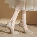 New Pearl Waterproof High Heel Shoes Women's Spring Autumn Pointed Toe Thin Heel Champagne Color Crystal Bride Marriage Shoes
