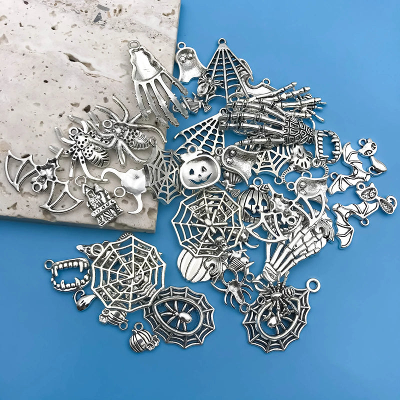 50pcs/SET Zinc Alloy Silvery Halloween Series Charms Pendants for DIY Necklace Bracelet Earrings Jewelry Making Handmade
