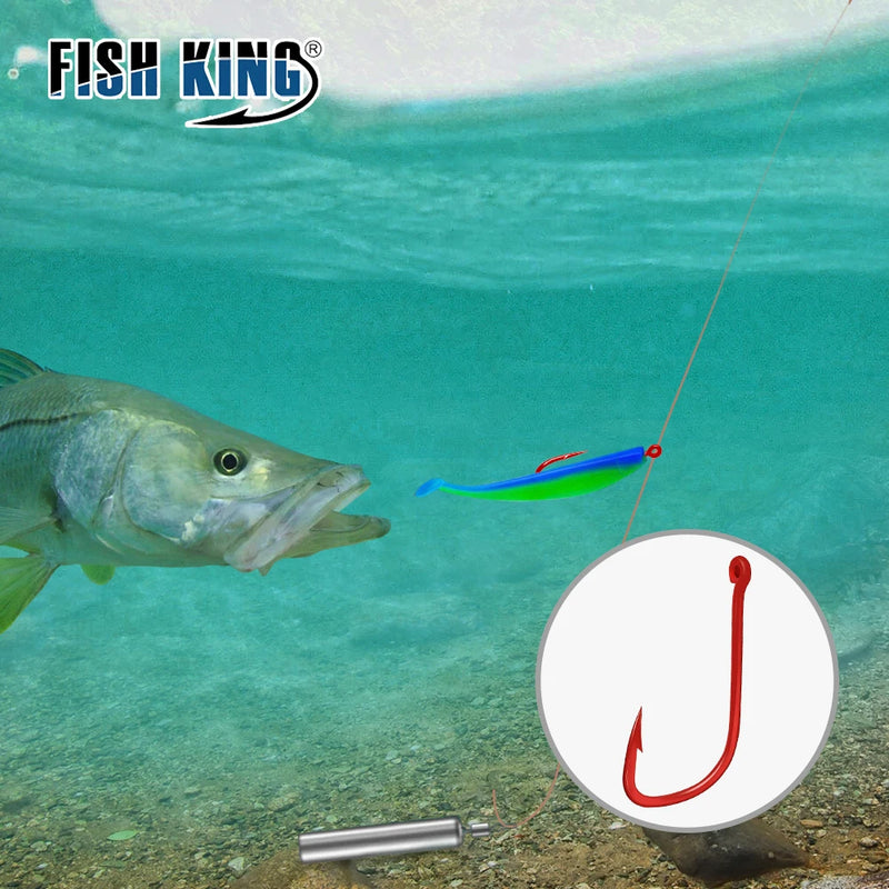 FISH KING 50pcs-100pcs Fishing Hook 6#-10# Barbed High Carbon Steel Red With eyes Bent Baitholder Ringed Carp Hook Tackle