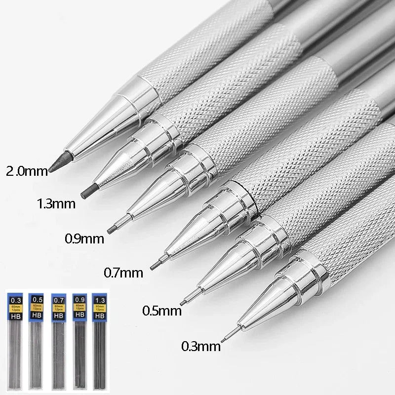 Metal Mechanical Pencil 0.3/0.5/0.7/0.9/1.3/2.0mm Drawing Automatic HB Pencil Set with Leads Office School Writing Art Supplies