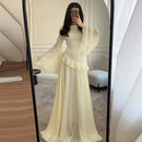 Fashion Flare Sleeve Ruff Long Dress Women Solid O-neck High Waist Slim Pleated Maxi Dresses 2025 Lady Summer Chic Party Robes