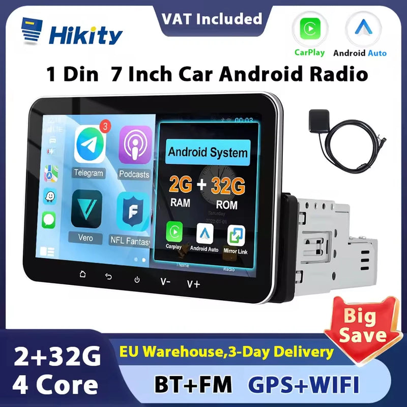 Hikity 2+32G Android 1 Din Car Stereo Radio Carplay Multimedia Player with Android auto Bluetooth WiFi GPS FM Radio Split-Screen
