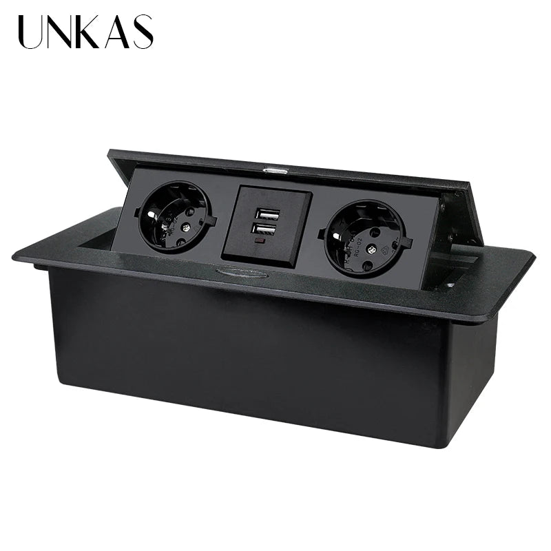 UNKAS New Type C Port PULL POP UP 3 Power EU Socket Silver Black Kitchen Table Desktop Plug Floor Socket