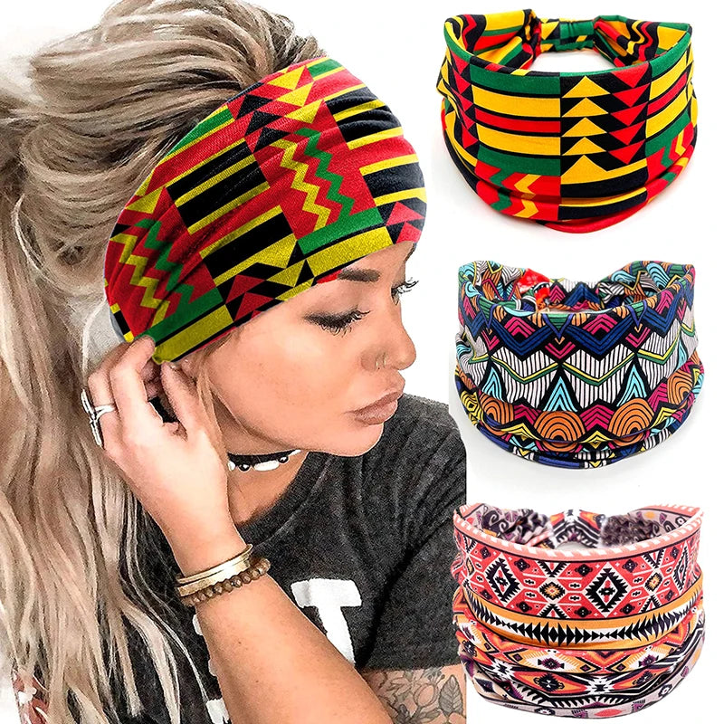 Cotton Stretch Headband African Pattern Print Twist Style Elastic Hair Band Wide Hairbands Bandana Turban Knot Headwrap DIY