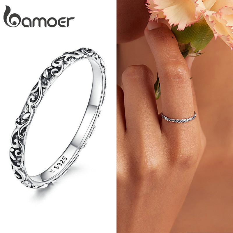 Bamoer Vintage 925 Sterling Silver Embossed Vintage Pattern Ring for Women Simple Silver Ring Fine Jewelry Luxury Brand Gift