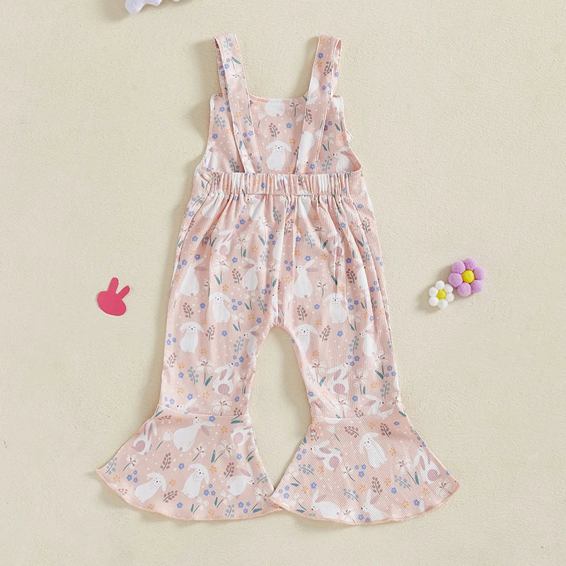 Toddler Easter Bunny Romper Sleeveless Jumpsuit with Egg Print Suspender Pants for Girls Spring Outfit Casual Wear