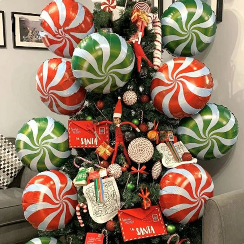 6Pcs Christmas Candy Cane Foil Balloons Round Windmill Lollipops Candy Helium Foil Balloons for Xmas Wedding Birthday Decoration