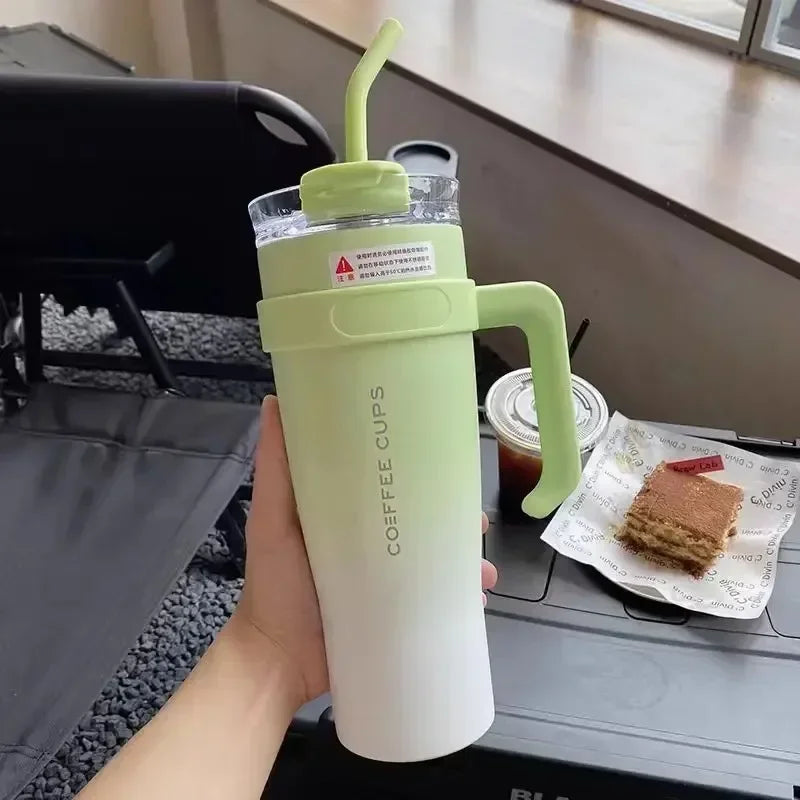 Car-Mounted Dormitory EssentialSam Straw Water Cup Stainless Steel Thermos Cup Large Capacity New Flat Cup Cup with Lid