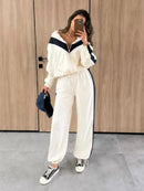 The Axis Set | Contrast-Panel Cropped Jacket and Wide-Leg Trouser Suit