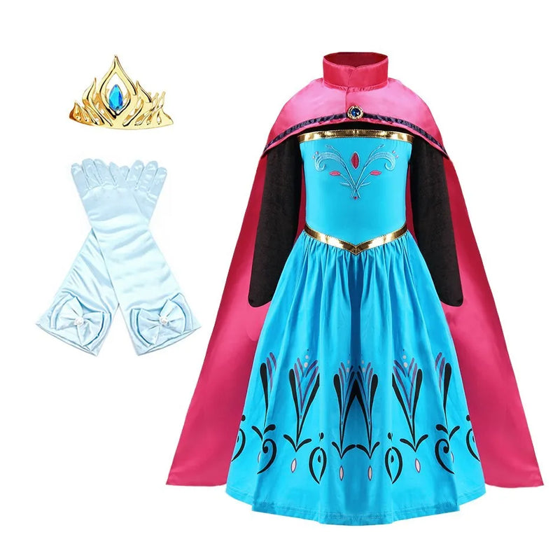 Girls Elsa Coronation Dress Up Long Sleeve Snow Queen Halloween Party Princess Costume Kids Christmas Elza Fancy Clothes Cloak