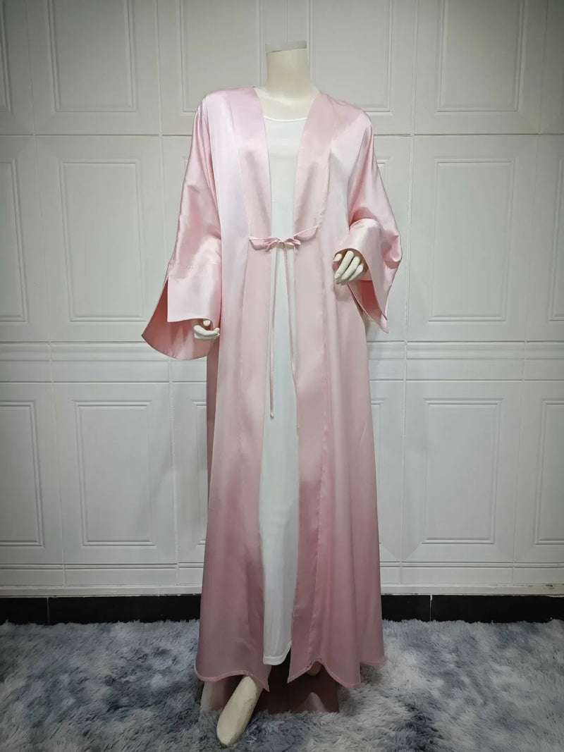 Muslim Women Pink Satin Kimono Abaya Damen Dubai Elegant Luxury Kaftan Modest Dress Islam Caftan Marocain Robe Femme Musulmane