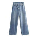 HH Women Trendy Cross Waist Wide Leg Jeans Asymmetrical Button Fly High Waist Baggy Denim Pants For Streetwear Y2K Outfits