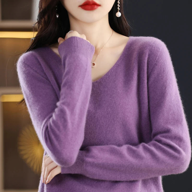 Women 100% Pure Wool Soft Sweater First Line Seamless V-neck Solid Pullover Autumn Winter Basis Casual Cashmere Knit Top