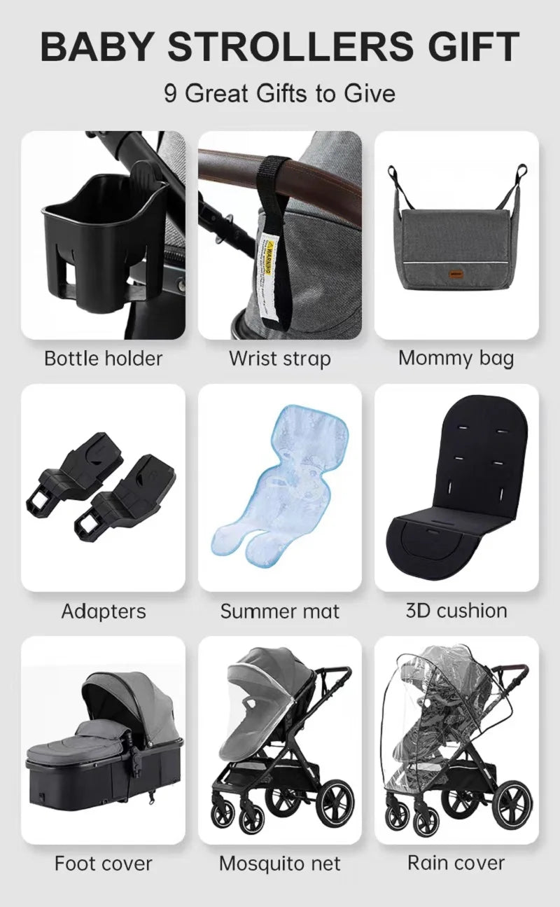 Luxury Baby Stroller 3 in 1 Portable Travel Baby Carriage Fold Pram High Landscape Aluminum Frame Newborn Infant Stroller