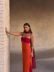The Ember Column | Color-Block Scarf-Collar Sling Maxi Dress