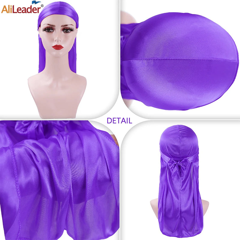 Unisex Silky Durags Bandanas Turban Hat Wigs Doo Men Satin Durag Biker Headwear Headband Hair Accessories Extra Long Tail Du-Rag