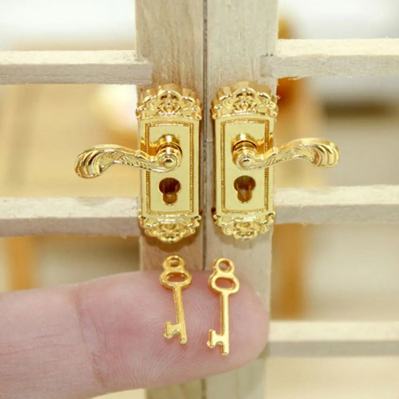 Doll House Retro Style Metal Toy Mini Furniture Pull Dollhouse Lock Key Set Brass Knobs Miniature Door Handles