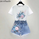 Korean Two Piece Sets Women Clothing Embroidery Short Sleeve White Tshirts High Waist Denim Shorts Outfits Casual Summer Y2k Set