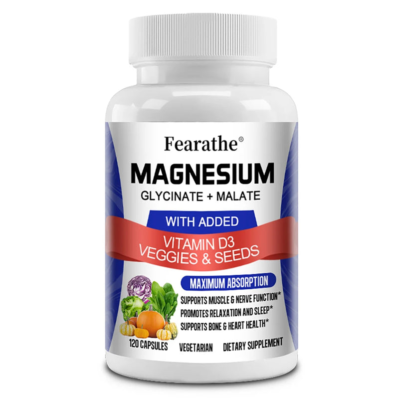 Magnesium Glycinate & Malate Complex, Vitamin D3, Max Absorption - for Bone Heart Sleep Nerve Muscle 120 Veggie Capsules