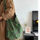 Women's Corduroy Shoulder Crossbody Bag Green Leopard Print Cloth Large Capacity Handbag Casual Travel Shopping Totes