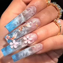 24Pcs Gold French Border False Nails Long Coffin False Nails with Rhinestones Ballerina Full Cover Nail Tips Press on Nails 2030