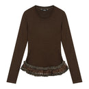 ELFSACK Elegant Slim Fit Long Sleeve T Shirt with Lace Trim Hem, Vintage Palace Style Solid Top for Women