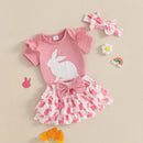 Adorable Baby Easter Outfit with Bunny Print Short Sleeve Romper Ruffled Shorts and Matching Headband - 3 Piece Set for Girls