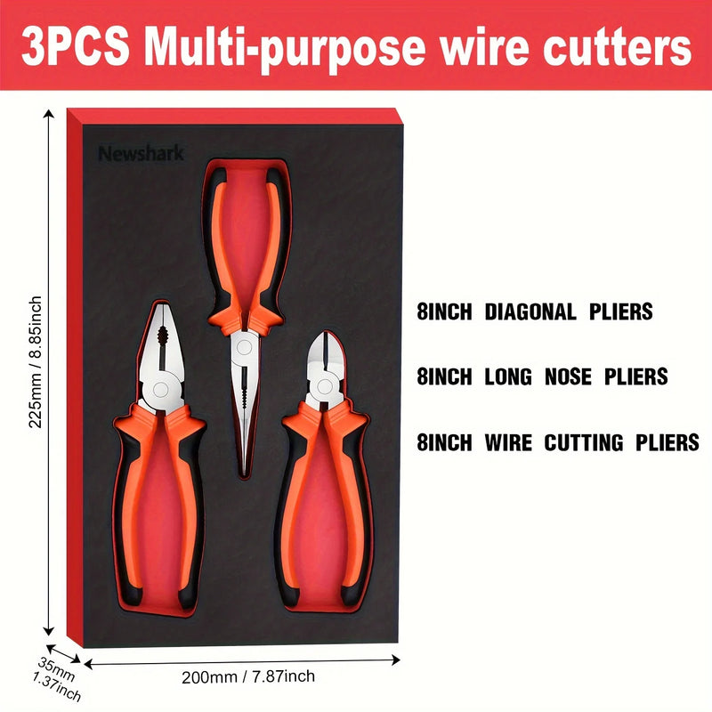 3 Piece Pliers Set - Professional Grade Pliers includes 8”Long Nose Plier,8”Diagonal Cutting Plier,8”Combination Plier Steel