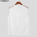 2024 Herren Tanktops Mesh Hollow Out Solid V-Ausschnitt Ärmellos Sommer Herren Westen Streetwear Transparent Fashion Herren Kleidung INCERUN
