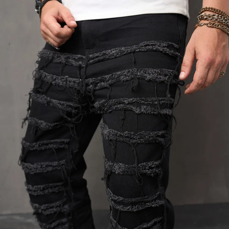 2023 Men High Street Stylish Ripped Patch Jeans Pants Male Loose Straight  Solid Casual Denim Trousers