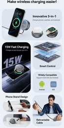 Essager 15W 3 in 1 Magnetic Wireless Charger With 96cm Retractable Type-C Cable For iPhone 16 15 14 13 Pro Max Airpods Watches