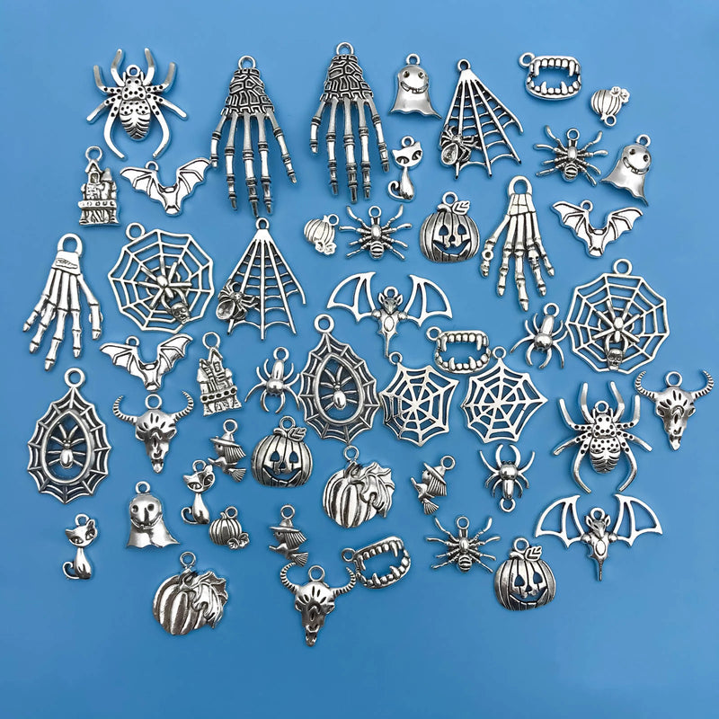 50pcs/SET Zinc Alloy Silvery Halloween Series Charms Pendants for DIY Necklace Bracelet Earrings Jewelry Making Handmade