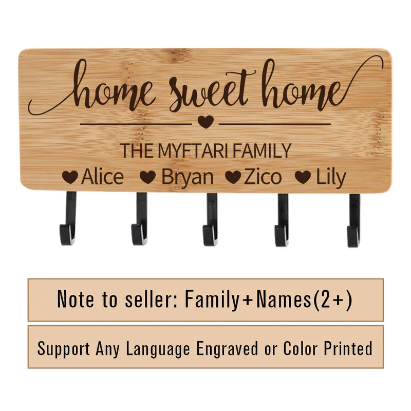 Personalized Text Engraved Customize Bamboo Key Holder Wall-Mounted Storage Keychain Hang Rack Home Decorated Housewarming Gift