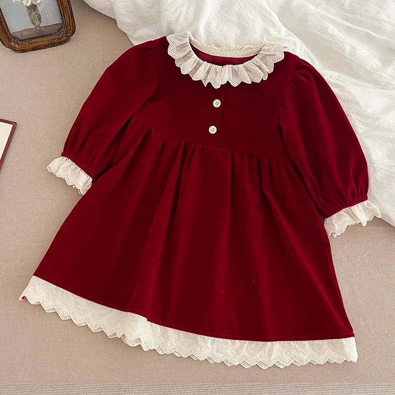 Christmas Party Dress Baby Girl Lace Princess Ruffle Satin Finish Dress Fashion Christmas Holiday Autumn Winter Wear Kids Girl