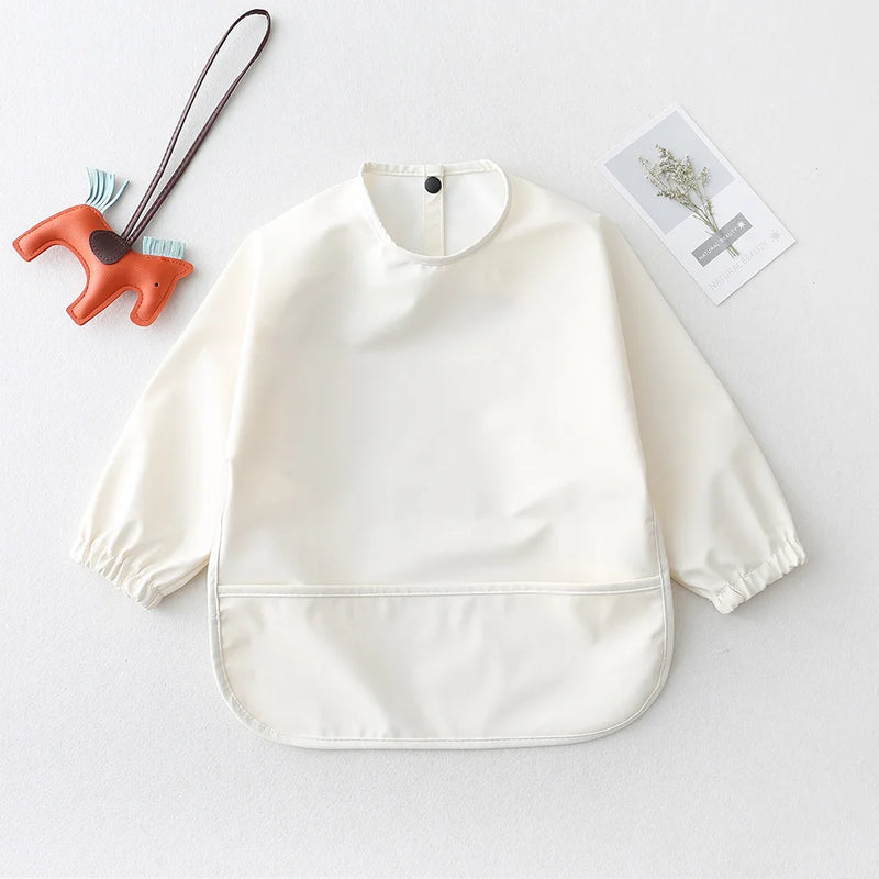 Solid Color Kids Baby Feeding Bibs Waterproof Long Sleeve Apron with Pocket Toddler Burp Cloth Boys Girls Anti-dirty Art Smock