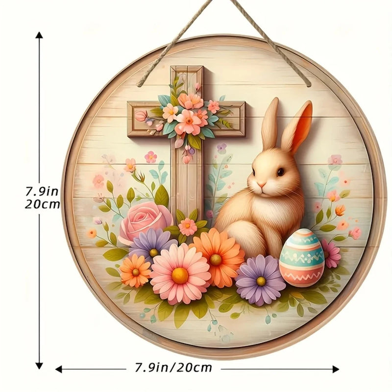 1 piece farmhouse style round wooden Easter bunny logo, 7.87 inch made wooden wreath with lilies and spring decoration, farmhous