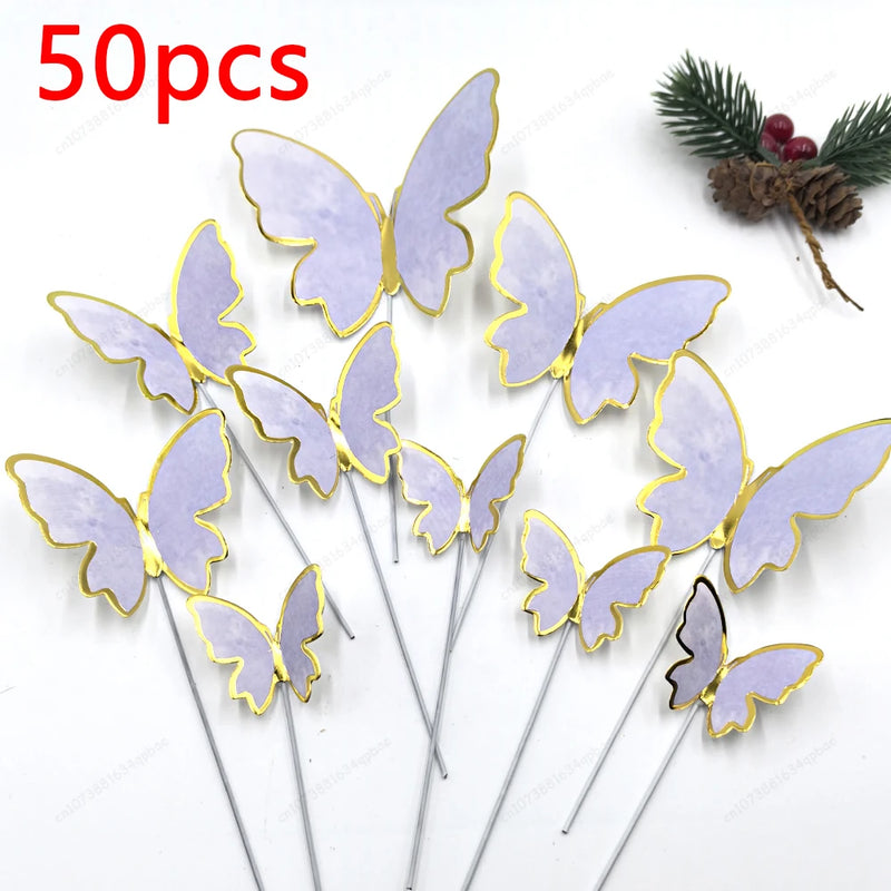 50pcs Butterfly Cake Decoration Gold Pink Butterfly Cake Toppers Birthday Wedding Anniversary Shower Baking Toppers