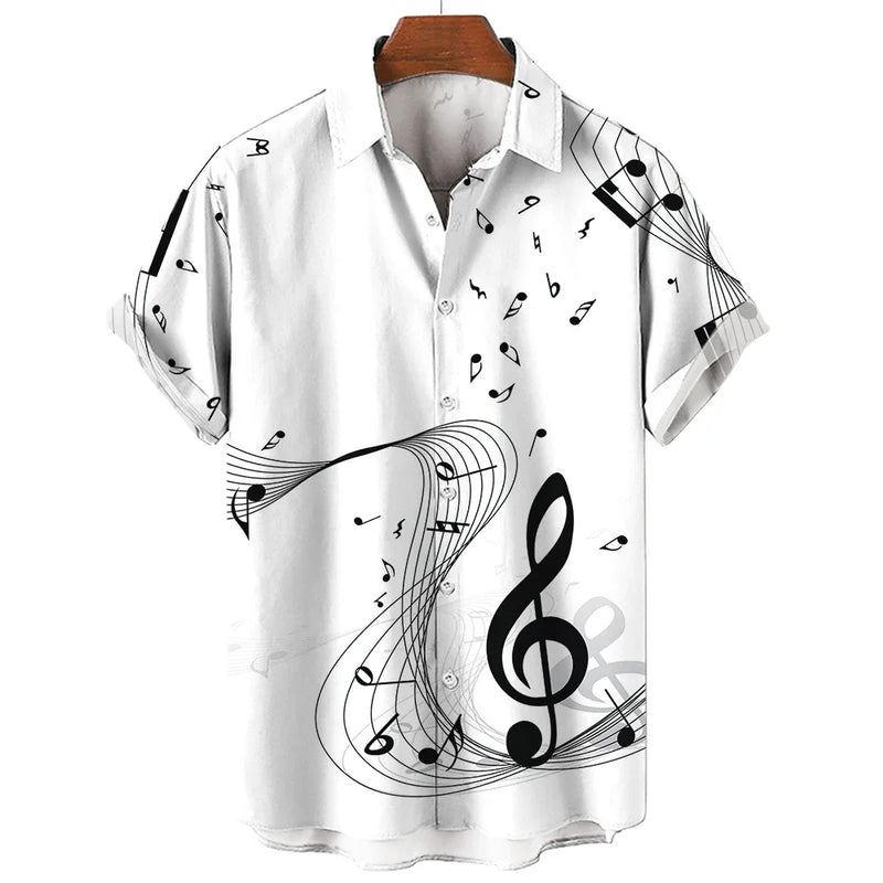 New Men's Shirt 2023 Summer Fashion Hawaiian Shirt Short Sleeve Lapel Top Music Symbol Pattern Print Shirt Oversized Man Clothes