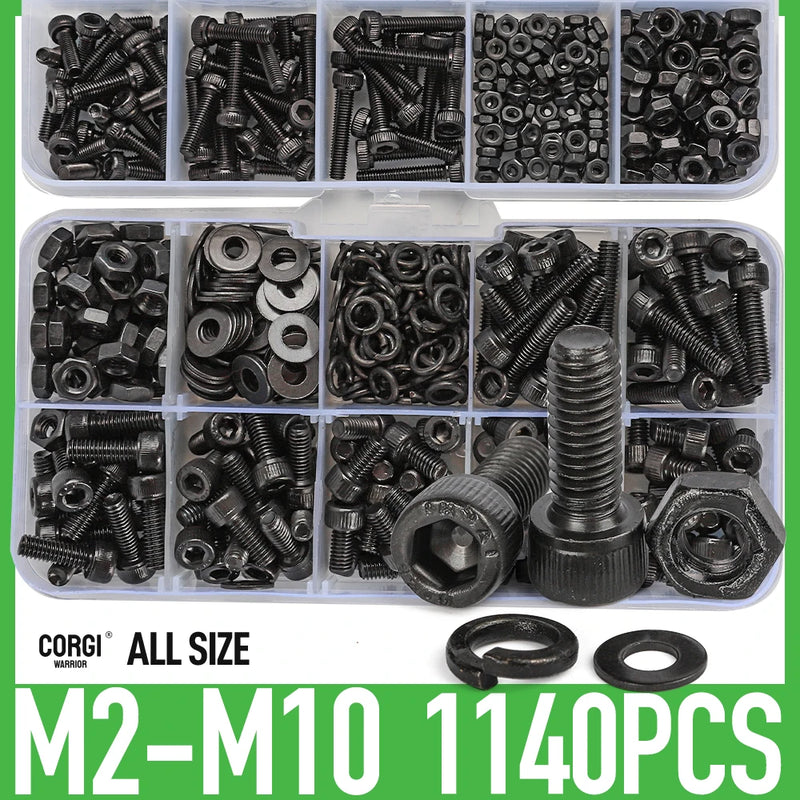 Black 1140 Hex Socket Cap Head Screws Set M2 M2.5 M3 M4 M5 M6 M8 M10 DIN912 12.9 Grade Carbon Steel All Sizes Allen Bolts Nuts