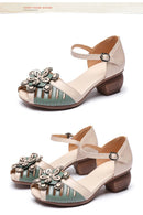 WOIZGIC Women Mother Ladies Female Genuine Leather Sandals Shoes Platform Summer Cool Beach Retro Flowers High Heel Buckle Strap