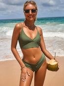 Military Green Double Layer Mid-Waist Bikini Sets Swimsuit Women Sexy Lace Up Two Pieces Swimwear 2025 New Beach Bathing Suits