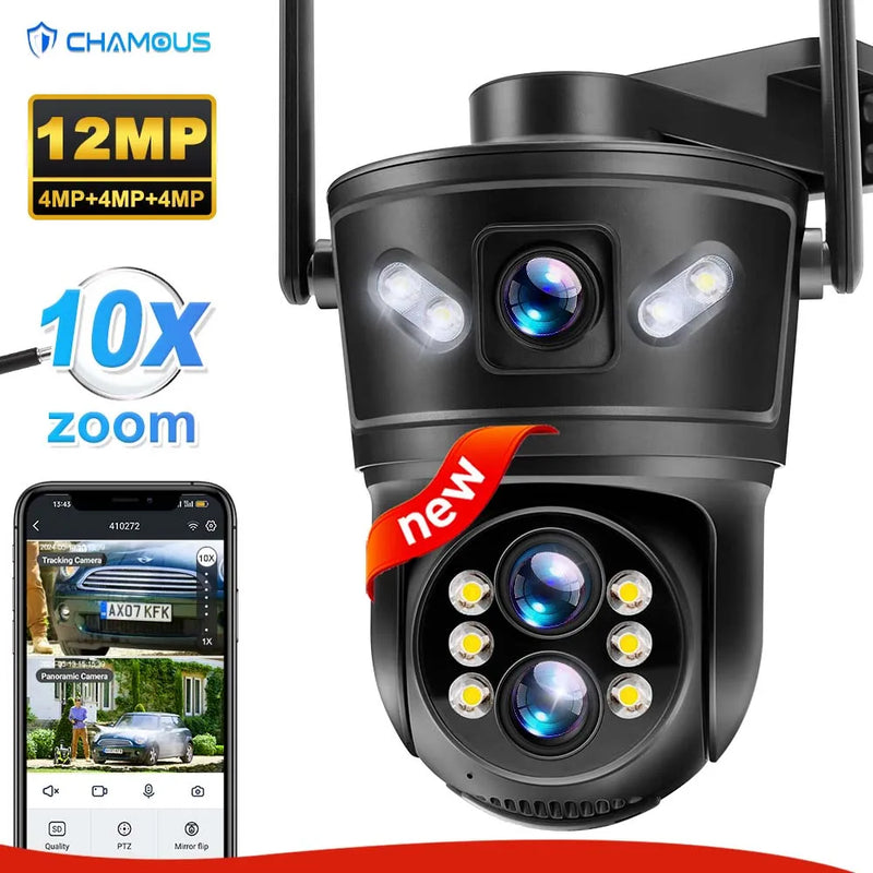 12MP 6K WiFi Camera Outdoor Surveillance 10X Zoom Three Lens Dual Screen Mini Video Cam Auto Tracking Security Protection CCTV