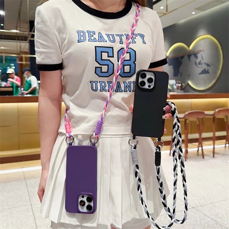 Crossbody Necklace Lanyard Cord Phone Case For iPhone 15 14 Plus 13 12 11 Pro Max X XS XR Soft TPU Silicone Back Cover
